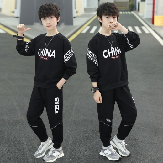 Venetutu boys suit spring and autumn 2022 spring new Korean version medium and large children's suit sweatshirt trousers boys casual sports student two-piece set 3-15 years old trendy black 150 size recommended height around 140 cm