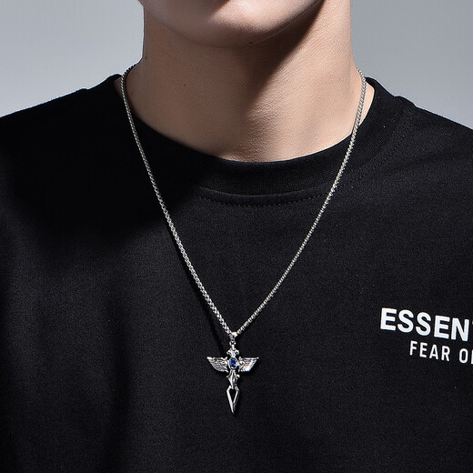 Mingyang Decorative Sea can be engraved 925 sterling silver angel wings necklace men's trendy cross pendant birthday gift for boyfriend angel wings sterling silver pendant + steel chain-60cm