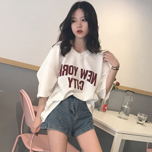 Langyue women's summer Korean style simple short-sleeved T-shirt women's V-neck letter printed top T-shirt bottoming shirt LWTD191447 white XL