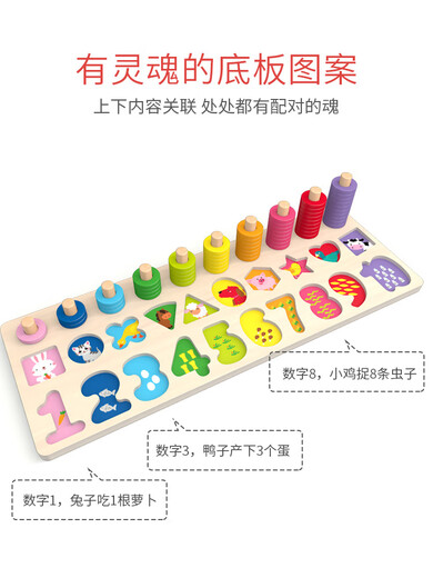 JSGD积木拼图 宝宝玩具数字积木拼图形状配对认知板启蒙婴儿童3岁1蒙 三合一对数板