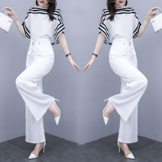 Shenxiang fashion suit for women 2020 summer new short-sleeved chiffon shirt loose and slimming belly-covering wide-leg pants for women to wear trousers for women's fashionable age-reducing casual two-piece suit for women white M