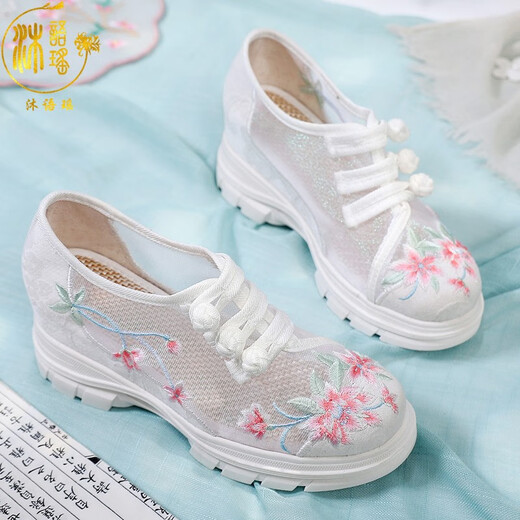 民族风绣花运动网纱鞋汉服鞋增高广场舞鞋古风鞋子网面透气布鞋女 白色内增高 37