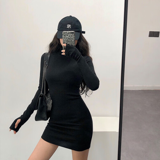 [High-end Light Luxury] YoungGirlDay European and American style high collar sexy tight slimming long sleeve hip-covering ribbed dress short skirt black M