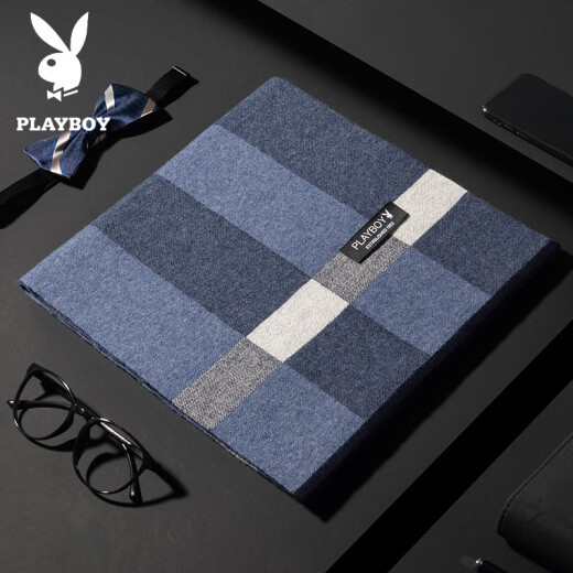 Playboy Pure Wool Men's Scarf Men's Winter High-end Korean Style Casual Versatile Couple Scarf Men's 100% Wool Gift Box Style One Blue