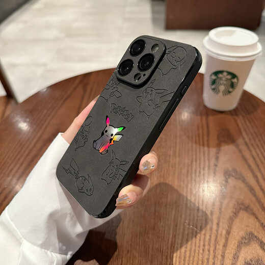 Color painter suitable for Apple 16 Promax mobile phone case cartoon laser Pikachu iphone16plus full-inclusive anti-fall self-protection cover with lens film protective cover fur pattern men and women Internet celebrity Apple 16Pro [Black Pikachu # with lens film]