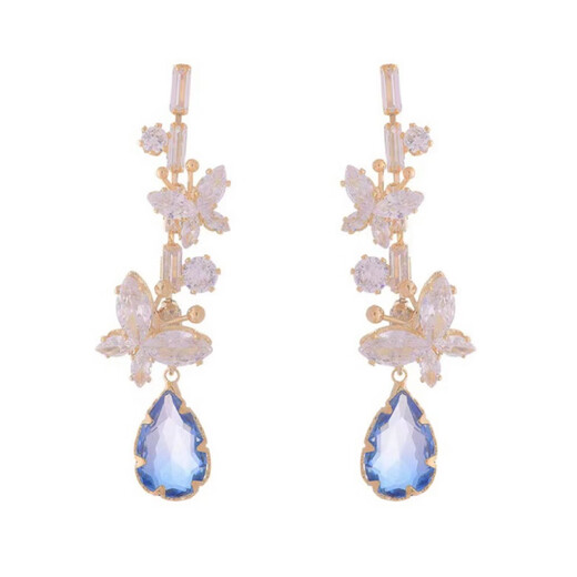 Sili No Piercing Ear Clip Micro-Inlaid Zircon Blue Water Drop Earrings Women's New Exquisite and High-Quality Super Fairy Long Earrings Butterfly Water Drop Ear Clips (Mosquito Repellent Disc Ear Clips)