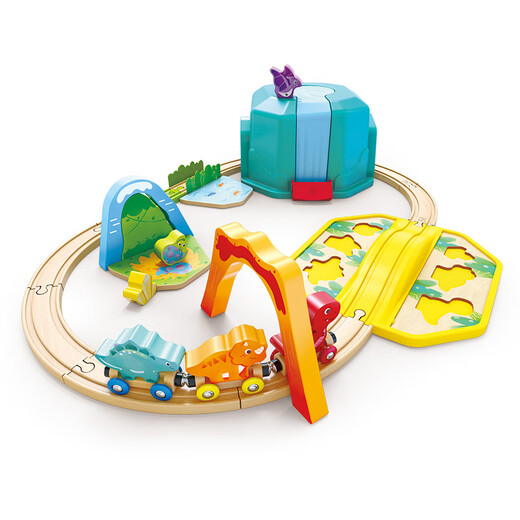 HAPE BAIR GLAY TOYS Multifunktionales Holz-Zug-Zugspielzeuggebäude-Baugruppe Set 3-6 Jahre alte Männer und Frauen Kinderspielzeug E3828 Dinosaurier-Welt-Zugspielzeug Set Set