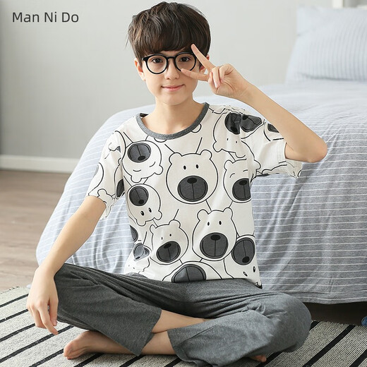 曼妮朵男童睡衣儿童春秋全棉薄款短袖长裤大童夏季纯棉男孩家居服套装 N9926【短长】 175 加大版L码【体重120-130】