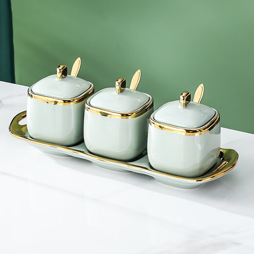 Ruishun Internet celebrity ceramic seasoning box household seasoning jar fruit green salt jar seasoning bottle set with tray spoon 3 jars 1 pot + 1 chassis + 3 spoons