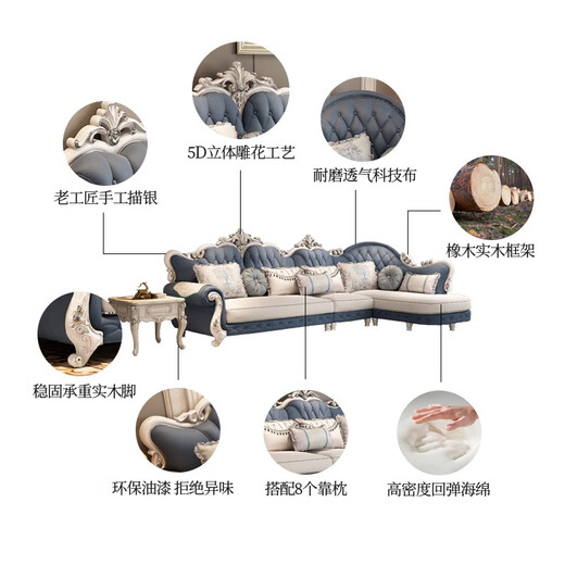 欧式沙发布艺组合现代简约转角大小户型客厅科技布艺实木简欧沙发 841布艺沙发【829浅蓝色3.6M】