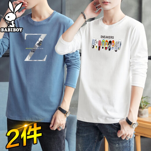 [2 pieces] BABIBOY long-sleeved T-shirt men's slim fit loose clothes autumn and winter printed T-shirt men's tops round neck T-shirt [2 pieces] 2131 color shoe white + 6012 sea Z haze blue 2XL