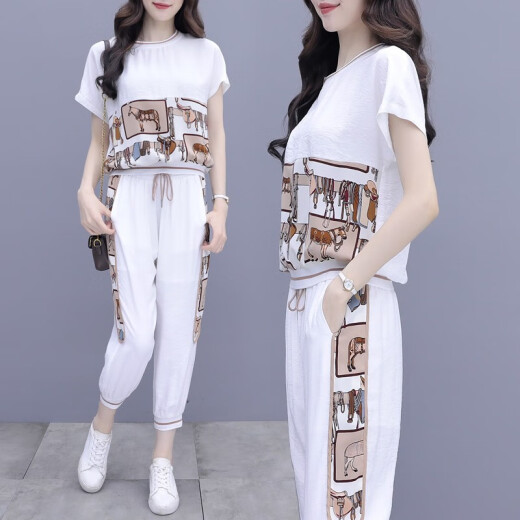 Siyulin Sports and Leisure Suit Women's 2020 Summer New Fashion Korean Style Splicing Printed Top Leg-tie Nine-Point Pants Women White M