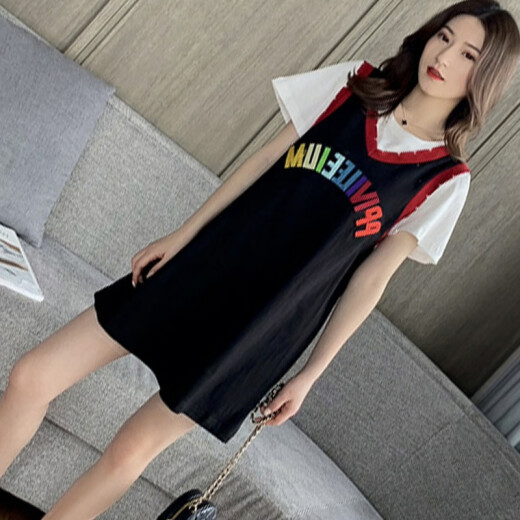 Langyue Women's Summer Short Sleeve Dress Fashion Casual Loose Letter Medium Long T-shirt Dress Sweet Small Fresh Women's Skirt LWQZ204271 Black L