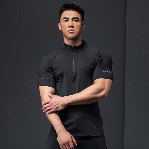 Lutie Dog Fitness Wear Short Sleeve Men's Stand Collar POLO Slim Fit Muscle Showing Quick Drying Breathable High Elasticity Coaching Wear T-Shirt Black XL