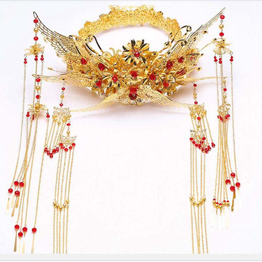Lai Qi Bridal Ancient Costume Headdress Chinese Wedding Queen Hair Accessories Dragon and Phoenix Gown Xiuhe Suit Tang Suit Hanfu Accessories Large Phoenix Crown Round Phoenix Crown Headdress + Earrings (Clip)