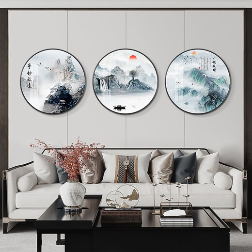 桐迪新中式圆形装饰画客厅沙发背景墙壁画过道走廊玄关画书房山水挂画 12156 一帆风顺 烤瓷镶钻-直径60-铝合金黑框