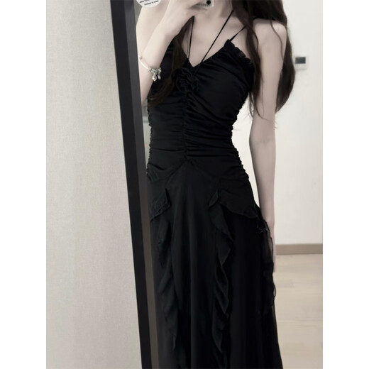 Yanlifen (yanlifen) skirt for women 2025 summer French style black suspender dress with waist slimming seaside beach long skirt black dress (send flowers) M