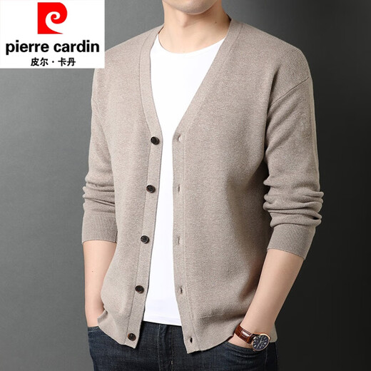 Pierre Cardin Strickjacke für Herren, V-Ausschnitt, Pullover, Frühling und Herbst, einfarbig, lässige Wolljacke, dicke Außenfäden, Kleidung, Mode, GRYH012, Kamel, M 165
