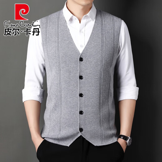 皮尔卡丹（pierre cardin）春秋针织西装开衫马甲坎肩羊毛开口背心男士薄款爸爸外穿马夹褂子 中灰色 L 175