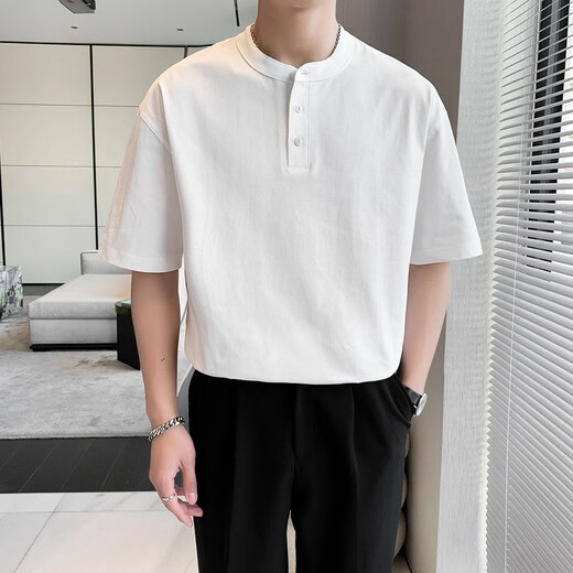 Chukuo heavyweight pure cotton Henley short-sleeved T-shirt men's summer American retro trend ins loose casual Henley collar T-shirt white S (recommended 90Jin Jin equals 0.5kg -110Jin Jin equals 0.5kg)