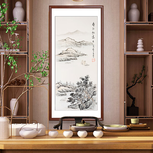 Celebrity calligraphy and painting, four-screen landscape painting, pure hand-painted Chinese painting, ink painting, living room sofa background, porch backing, vertical strip screen decoration hanging painting, sky high, clouds light, vertical size framed 85*40CM