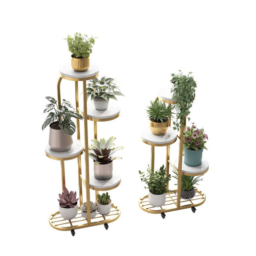 Eisen Phoenix Eisenkunst Blumenregal im Innenraum Wohnzimmer mehrschichtige Marmorblumenkupplungsbalkon aus Einfacher bodenhöflicher Haushaltsablagerung Rack N (4-Schicht) Blumenregal Weiß Marmor + Gold Rack (mit Rädern)