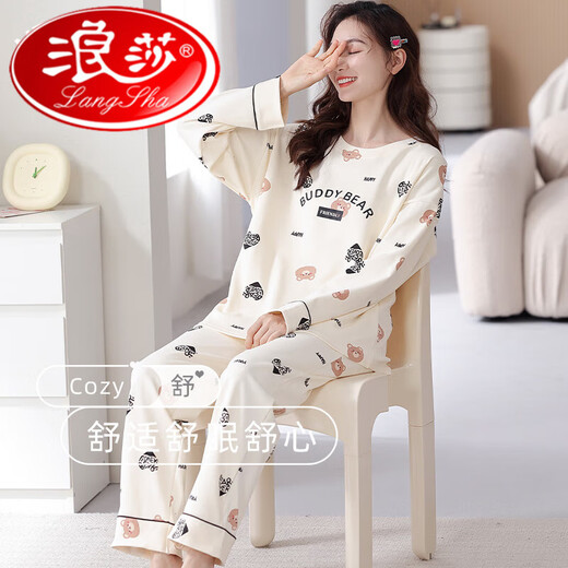 浪莎（LangSha）2024年新款纯棉睡衣女春秋款长袖可外穿可爱春秋季全棉秋天家居服 LY12210 女M( 适合155-162CM,体重85-1