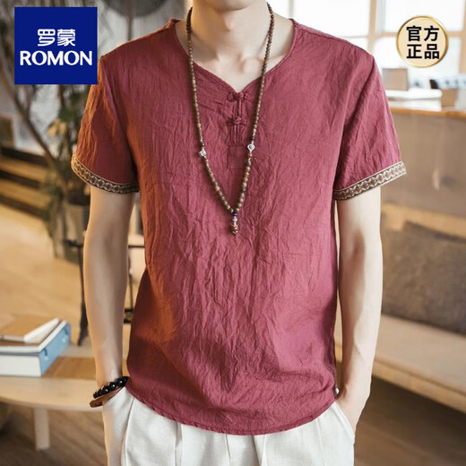 Romon Chinese Style Herren-gestickte Leinen-T-Shirt-T-Shirt-Kurzärärmel-Lose, dünne, dünne, lässige Schnalle Retro-Baumwolle und Leinen Top 686 Burgundy 2xl 145Jin [Jin ist 0,5 kg]