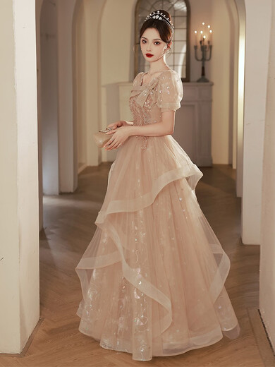 Fuyhao erwachsenes Kleid weiblicher 18-jähriger Student Tutu-Rock 2025 neues Bankett-Temperament leichtes Luxus-Nischen-High-End-Design Khaki lang (Champagnerfarbe) XL