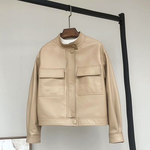 YOUWen 2025 Spring and Autumn New Haining Sheepskin Genuine Leather Jacket Women's Regular Stand Collar Motorcycle Leather Jacket Women's Black XL