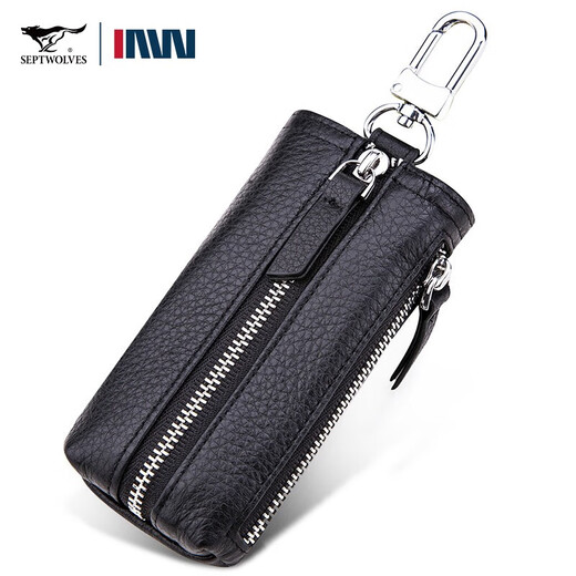 Sieben Wolfs echte Leder-Schlüsselbeutel für Herrengeschäft Casual Multifunktional Top Leder Schlüsselbund schwarz modische Taillenbeutel Schwarz schwarz
