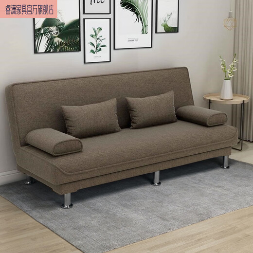 Ruixiao foldable sofa bed, simple, detachable and washable fabric, multi-functional lazy small apartment, single and double three-person rental house, cotton linen, brown, ordinary style 1.8 meters long (with 2 handrails and waist pillow)
