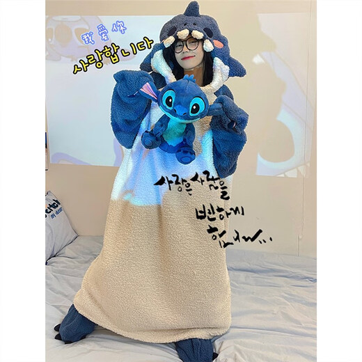 Qiao yumeneng hai einteilig pyjamas für Frauen Winter Koralle Fleece Plüsch verdickte Tiere lustige niedliche Schlafsaal Langes Plüsch-Nachtkleid S Fleece 4839 Blue White Hai-Single Rock M Höhe 152-160