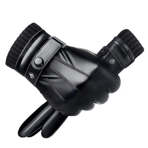 Woodpecker leather gloves men's winter riding plus velvet touch screen driving outdoor motorcycle windproof and warm takeaway cotton ski gloves three-line style plus velvet windproof and water-repellent