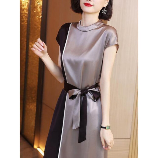 
[Special price pick-up] High-end light luxury brand spliced ​​acetate satin dress for women 2022 new summer waist-closing and slimming short sleeves mid-length over-knee skirt contrast color (695 M100-115Jin [Jin equals 0.5 kg]