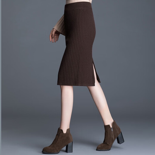 Yalu Free and Easy Skirt Women's Spring High Waisted Slim Medium Long Straight Thick Knitted Wool Skirt WWY33210 Brown One Size