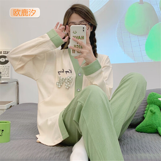 OULUXI solid color wrinkled cloth cotton confinement clothes spring and autumn pregnant women pajamas in summer breathable sweat-absorbing and postpartum breastfeeding clothes AXXE724 concentric knot L code (recommended 90-115 Jin [Jin equals 0.5 kg])