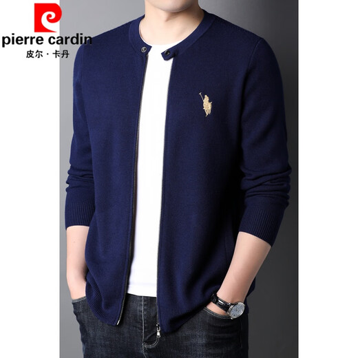皮尔卡丹（pierre cardin）羊毛开衫男士针织衫春秋外套韩版男士毛衣拉链针织开衫男装毛衫 蓝色 105/165/M
