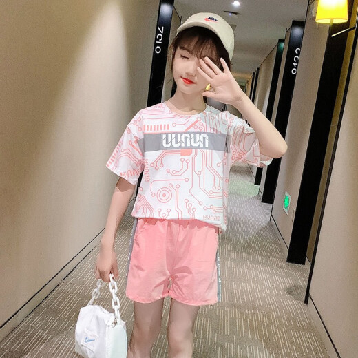 Naughty Island children's clothing girls suit short-sleeved children's shorts two-piece set 2020 summer new style older children and primary school students casual jackets girls sportswear pants white size 150 recommended height around 140cm