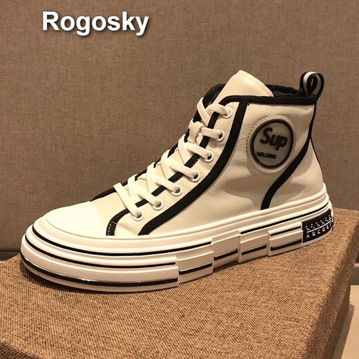 Rogosky Hong Kong trendy brand winter high-top men's shoes for top layer cowhide shoes lace-up casual non-slip thick-soled Martin boots men's white (leather) 44 (leather shoe size)