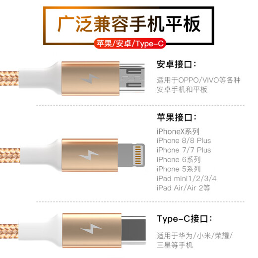 ESCASE data cable three-in-one Apple charger cable one-to-three suitable for Type-c Android iPhone11 Huawei Mate30/p40 Xiaomi fast charging multi-function C20 gold