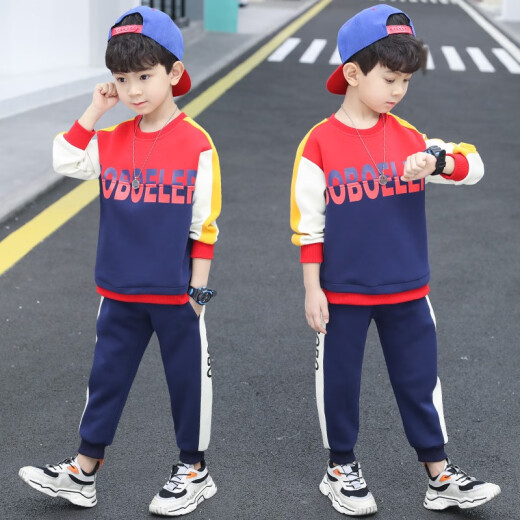 Balabo children's clothing boys' suits autumn and winter 2020 new medium and large children's suits plus velvet thickened warm sweatshirt pants fake three-piece Korean style fashion handsome boy suit blue 140 size [recommended height is about 130CM]