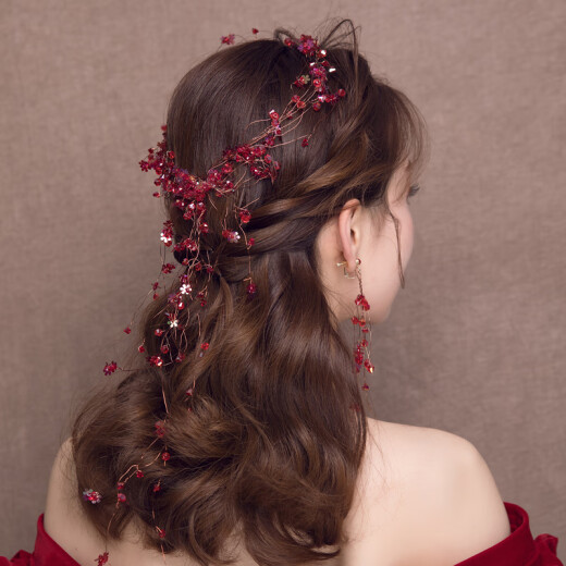 Bridal headwear, new wedding red wedding dress, super fairy hair accessories, toast clothes, forest style fairy beauty simple accessories, model hairband and earrings (ear clip style)