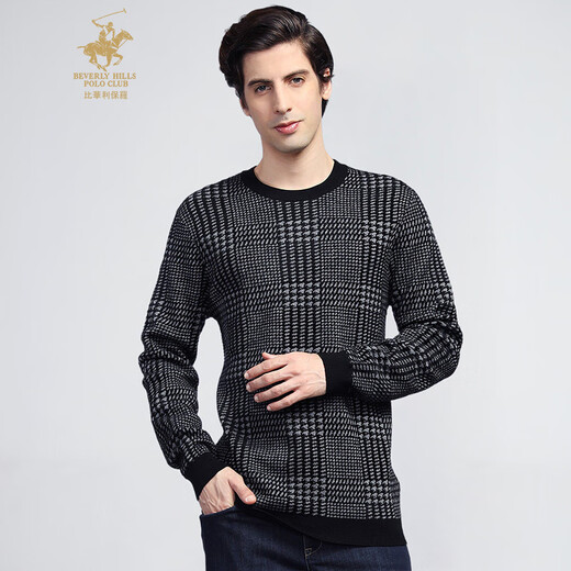 比华利保罗秋冬新款套头羊毛衫男休闲保暖方格纹男士圆领毛衣 黑色 S