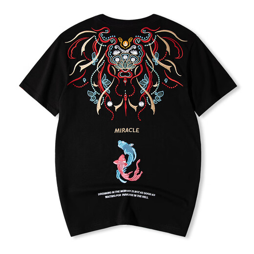 Denon Supreme kurzärmelige T-Shirt für Männer und Frauen Modemarke Sommer chinesischer Stil Phoenix Sticked Lose Kurzärmer T-Shirt T681 Schwarzer XL-Code (Empfohlen 135-155jin [Jin gleich 0,5 kg]))