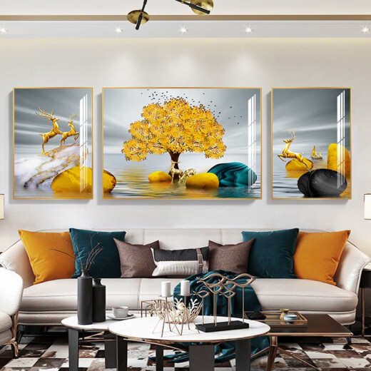Quanxiang Pavilion living room decorative painting modern simple sofa background decorative painting light luxury handmade diamond crystal porcelain painting light luxury hanging painting lucky deer making money left and right 40*60 middle 80*60 crystal porcelain flat painting