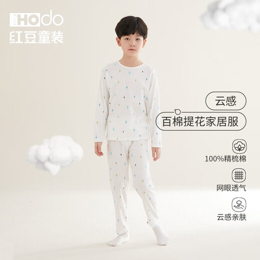 Red bean children's pure cotton home clothing set for men and women middle-aged children long-sleeved mesh spring and summer pajamas teenager mesh air conditioning suit 3271 (cactus) 120