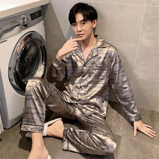Revisited People Pyjamas Herren Sommereis-Seiden-Langarmhosen und Fett extra großer Größe loser Strickjacken Hausbekleidungsanzug Spring- und Herbst K-723# Silber kleine Buchstaben 5xl 190-205jin [Jin gleich 0,5 kg]