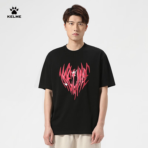 卡尔美（KELME） 圆领T恤男宽松夏季新款纯棉短袖休闲足球潮流文化衫 9224TX1056 黑色 M