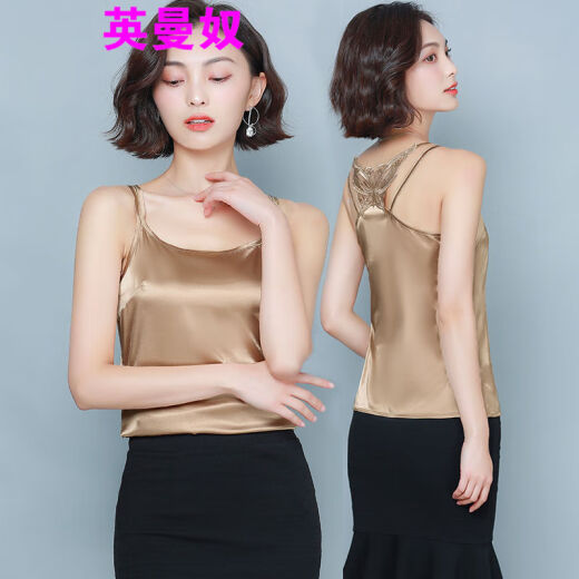 Inmanu camisole women's 2022 spring and summer new style imitation silk outer wear camisole beautiful back sexy bottoming shirt camisole women's champagne color L
